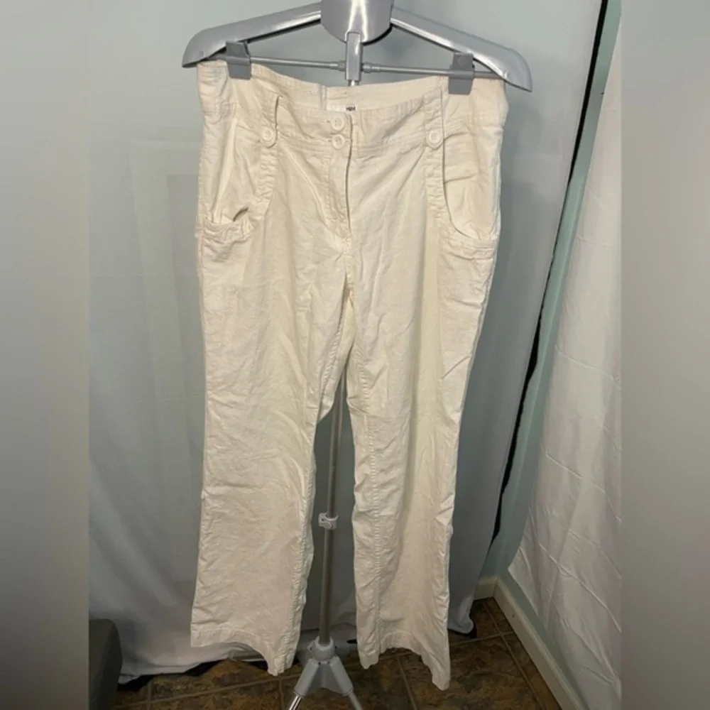 H&M Linen Blend Trousers Women 12 Cream Straight Leg Casual Summer Pants